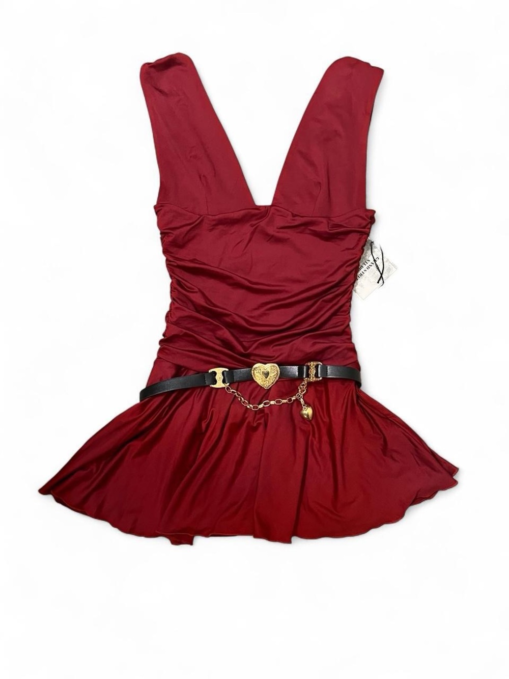 Deep Red Plunging V-Neck Mini Dress with Decorative Belt